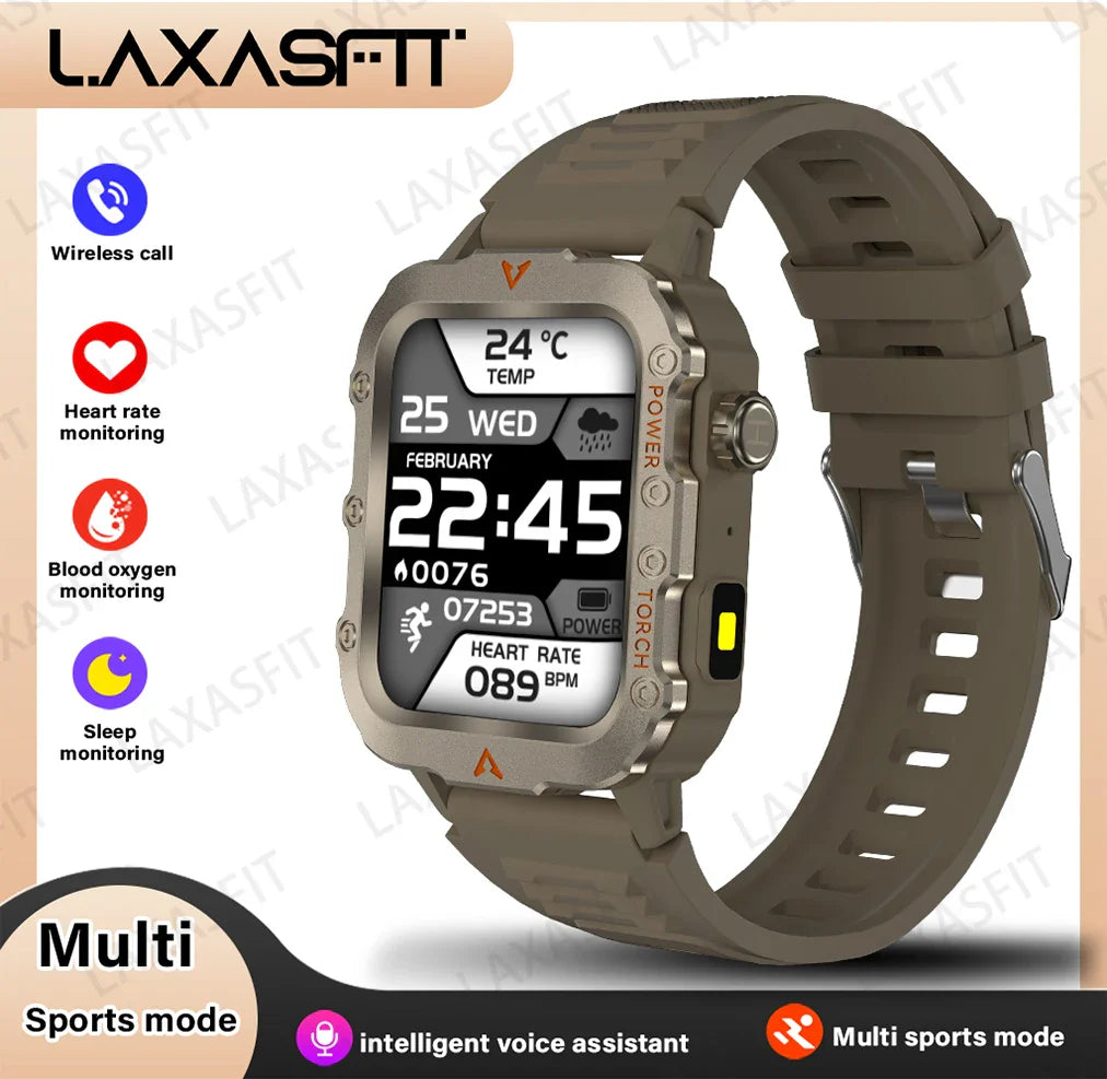 LAXASFIT Men’s Smart Watch – LED Flashlight, Outdoor Sports, Health Monitoring Wristwatch