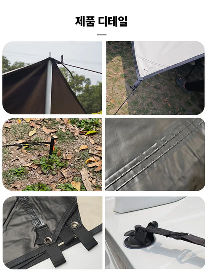 Manta Ray Car Side Awning – Black Coating Waterproof Tarp with Suction Cup Anchor for SUV Camping & Shade