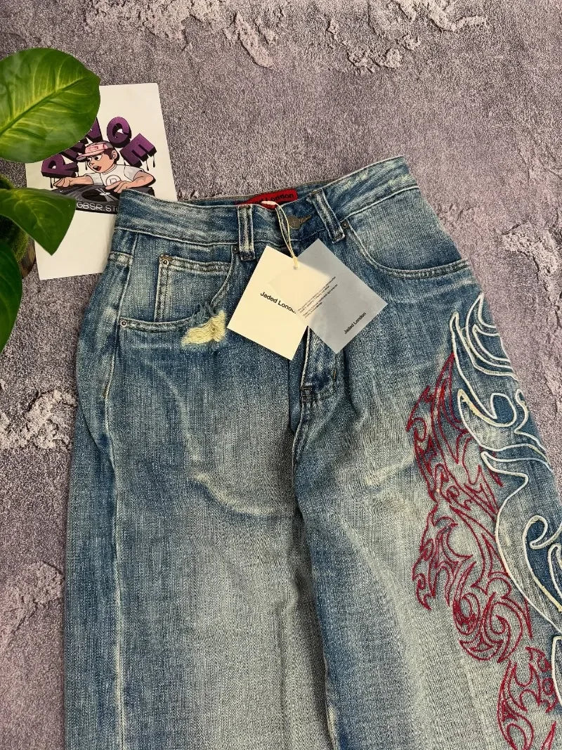 Y2K American Embroidered Baggy Jeans – Men’s Vintage Hip Hop Wide-Leg Casual Streetwear Pants