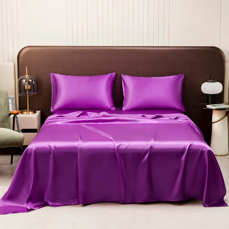 Silky Satin Bed Sheet Set for Summer – Ice Cooling Flat Sheet with Pillowcase, Single/Queen/King Sizes