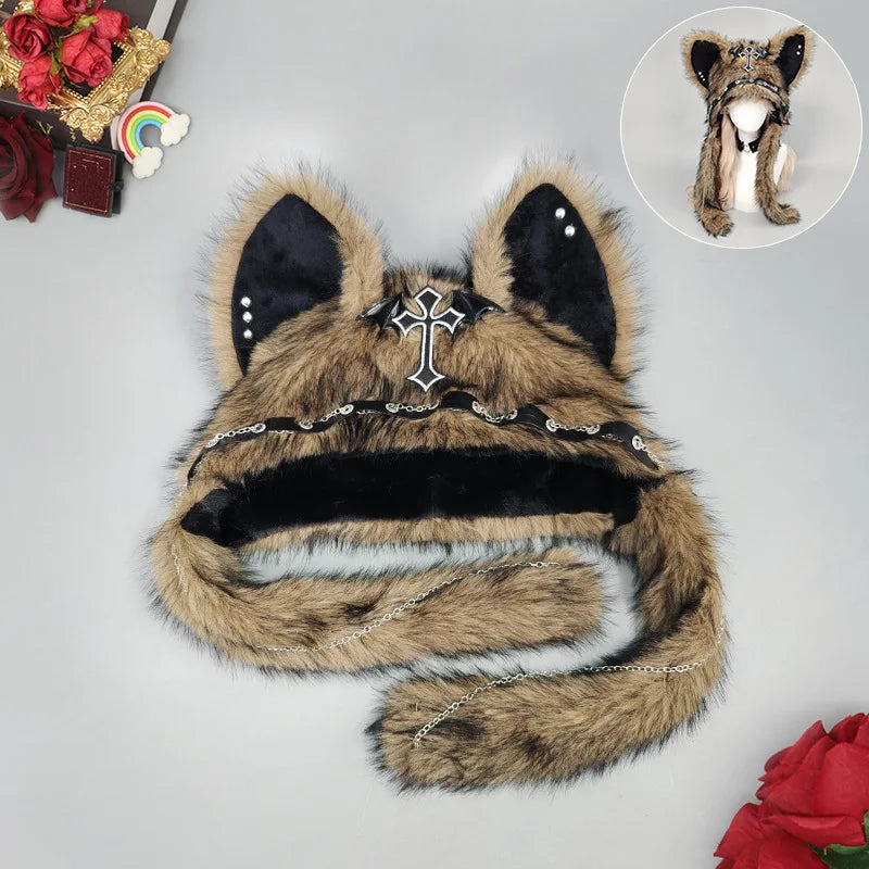 Dark Series Gothic Cat Ear Plush Hat — Y2K Cross Metal Style Cosplay Punk Rock Warm Cap for Men, Women & Kids