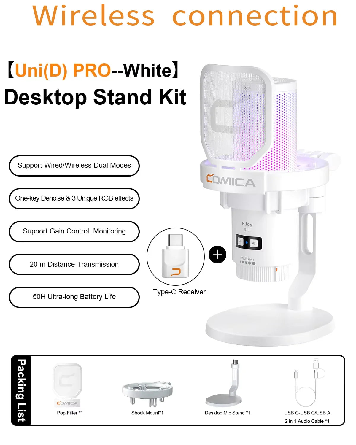 COMICA Uni Pro Wireless USB Gaming Microphone – Noise-Canceling Condenser Mic with RGB Lights for PC, Laptop & Smartphone