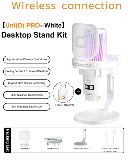 COMICA Uni Pro Wireless USB Gaming Microphone – Noise-Canceling Condenser Mic with RGB Lights for PC, Laptop & Smartphone
