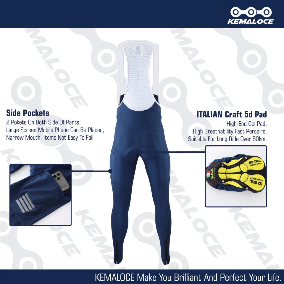 KEMALOCE Men's Cycling Long Pants, Autumn Blue & Grey, Gel Pad, Reflective Bike Bib, Breathable Bicycle Trousers with Rear Pocket