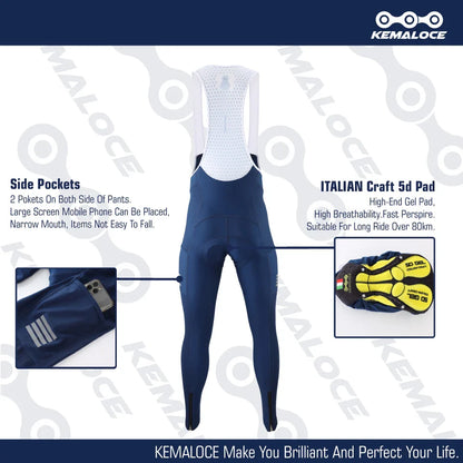 KEMALOCE Men's Cycling Long Pants, Autumn Blue & Grey, Gel Pad, Reflective Bike Bib, Breathable Bicycle Trousers with Rear Pocket
