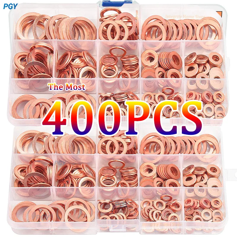 Copper Washer Gasket Set – 100/300/400pcs Flat Sealing Rings Assortment Kit for Nuts, Bolts & Sump Plug Repairs