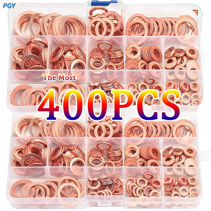 Copper Washer Gasket Set – 100/300/400pcs Flat Sealing Rings Assortment Kit for Nuts, Bolts & Sump Plug Repairs