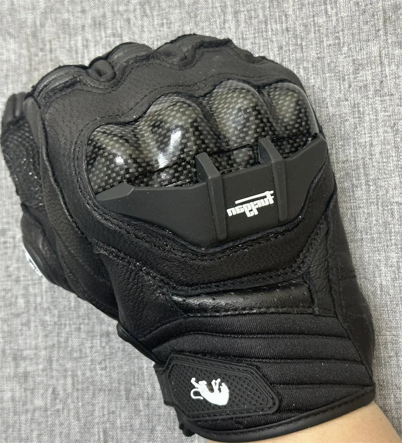 Motorcycle Gloves – Black Racing Genuine Leather, White Road Riding Team Gloves for Men, Summer & Winter with Touch Screen Compatibility