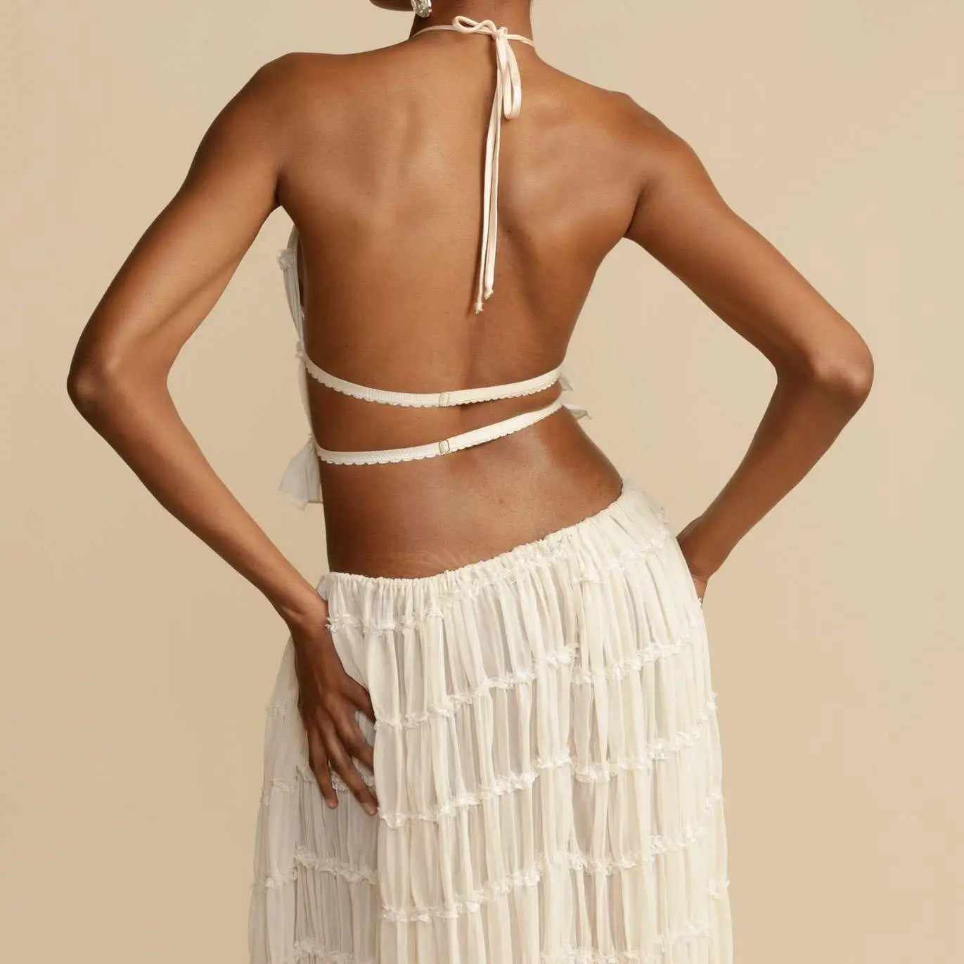 Women’s Boho Sexy Backless 2-Piece Set – Vintage Ruched Halter Cami Top & Maxi Skirt Beach Holiday Party Outfit