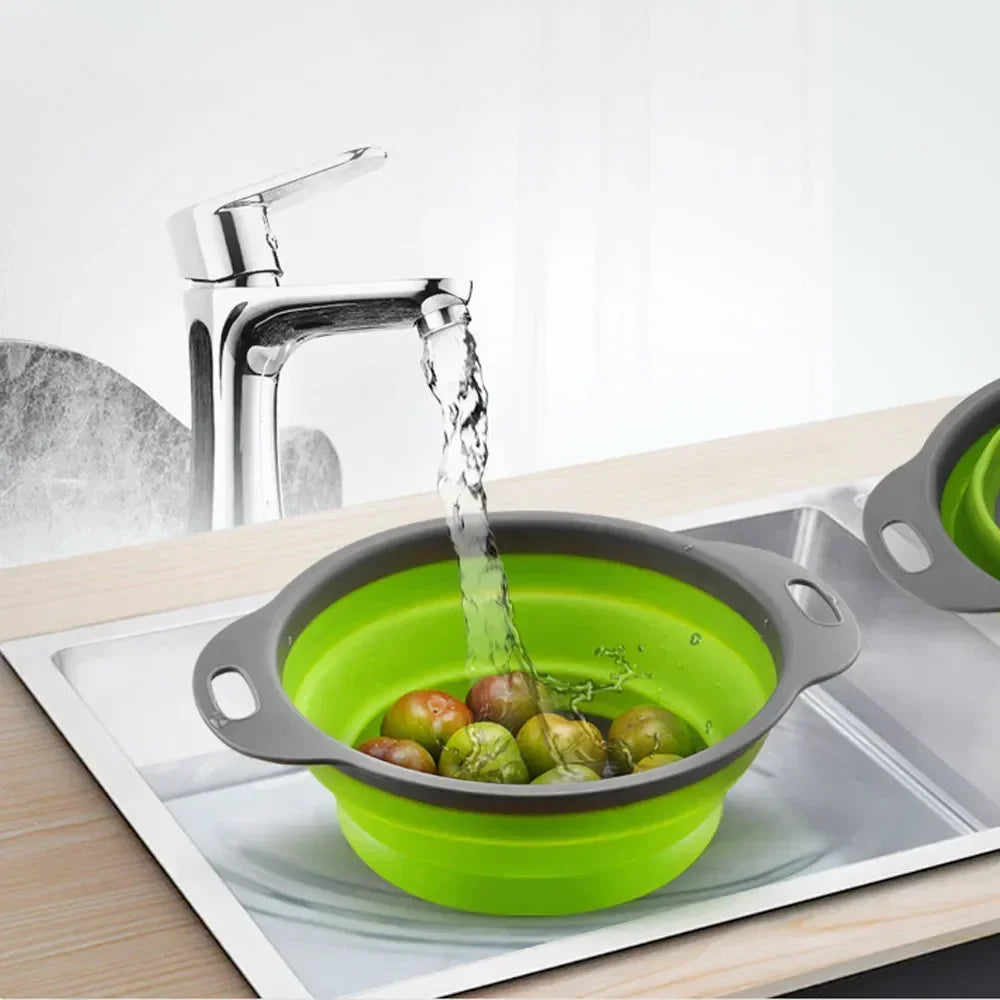 Foldable Silicone Colander - Round & Square Fruit Vegetable Washing Basket Strainer with Collapsible Drainer Handle, Essential Kitchen and Bar Tools