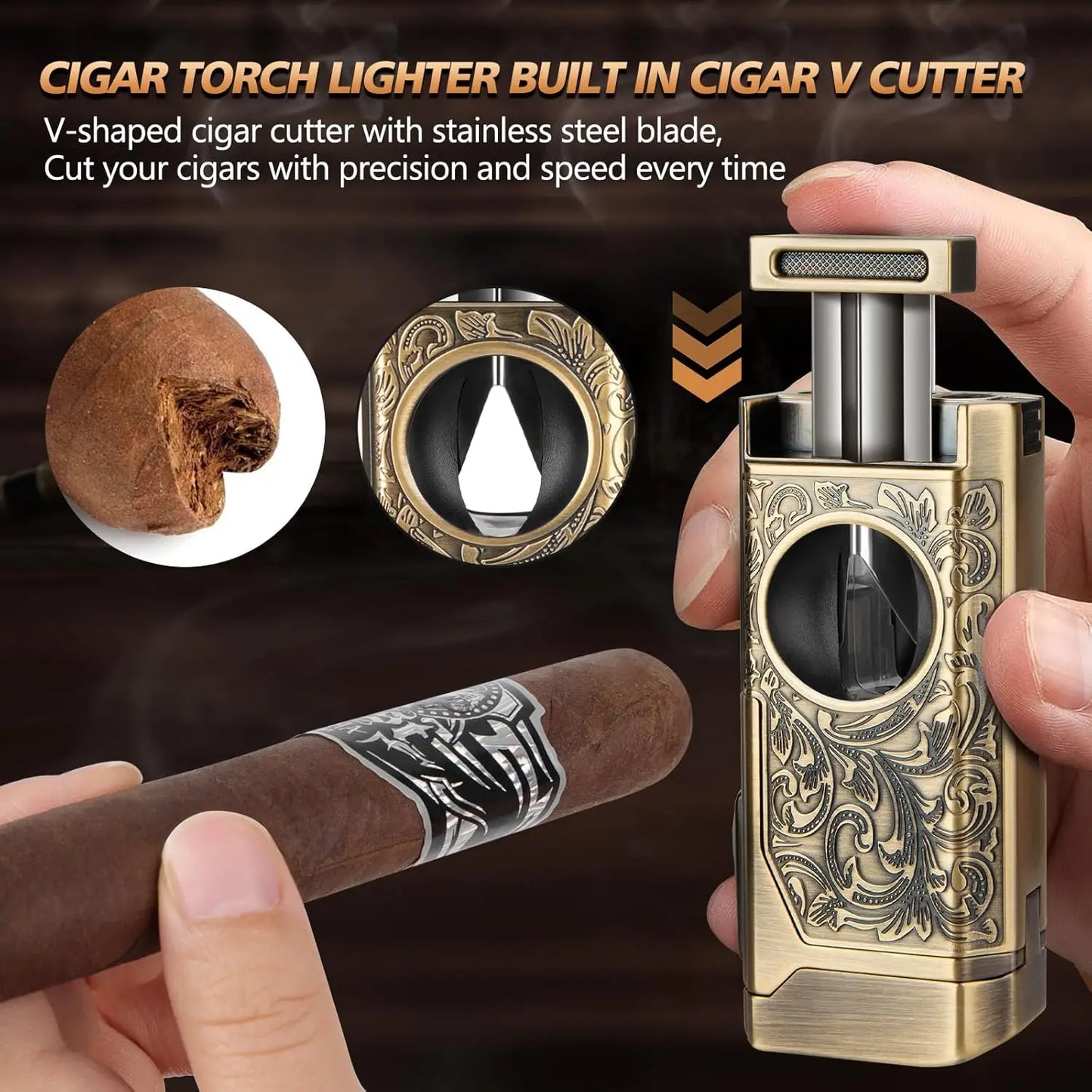 4 Jet Flame Cigar Lighter – Refillable Butane Lighter with V-Cut Cutter, Punch, Holder & Draw Enhancer