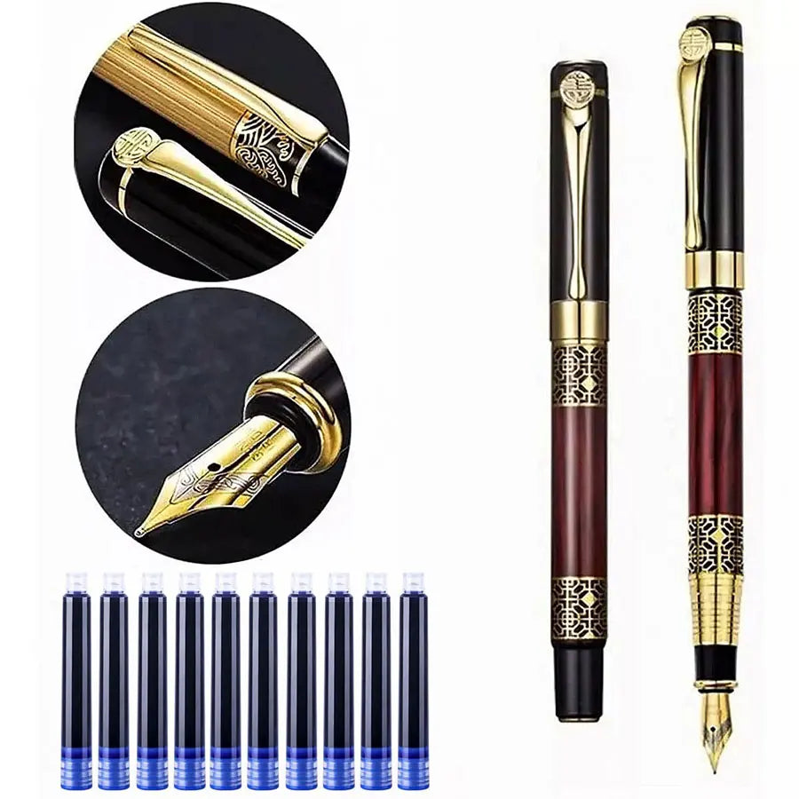 Retro Metal Fountain Pen — 1-100PCS Set with Replaceable Ink, Elegant Writing Pen for Office, School, and Stationery Gifts