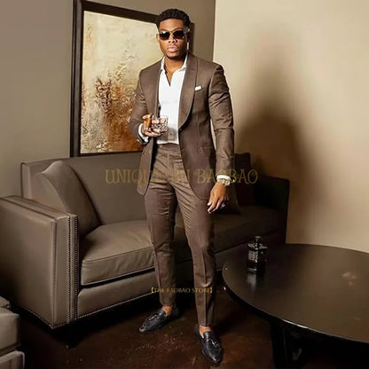 Men's Brown 2 Piece Suit - Shawl Collar Single Breasted Tuxedo Blazer & Pants Set For Wedding, Business & Formal Events