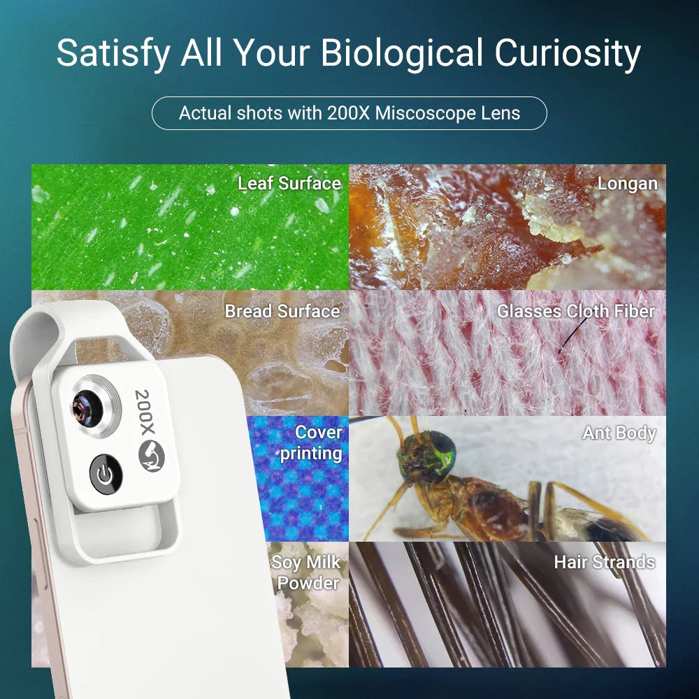 100X/200X Microscope Phone Lens with Clip – Magnifier for Plants, Insects, Hair, Skin, Jewelry & Jade Inspection