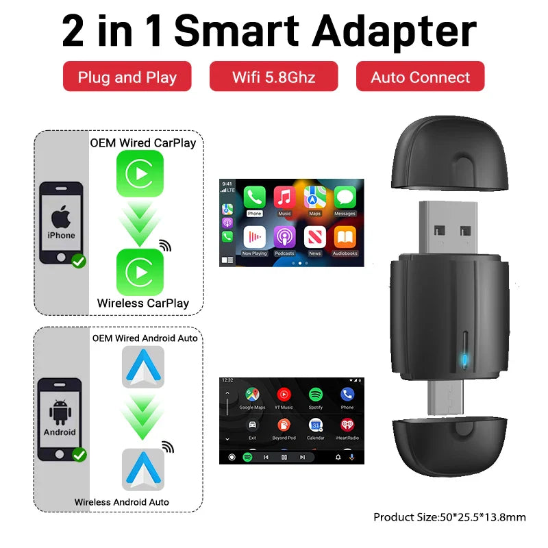 2025 Wired to Wireless CarPlay 2 in 1 Mini Adapter – Android Auto Smart Box, Plug & Play, OTA Update, Universal Compatibility