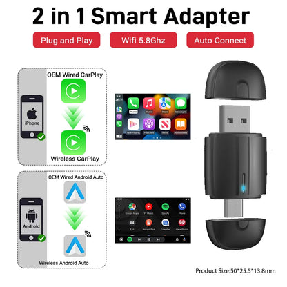 2025 Wired to Wireless CarPlay 2 in 1 Mini Adapter – Android Auto Smart Box, Plug & Play, OTA Update, Universal Compatibility