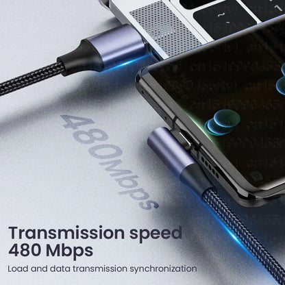 100W PD Fast Charging Cable – USB-A to USB-C 4.0 Right Angle 90° Data Cable for Laptop & Mobile Phone