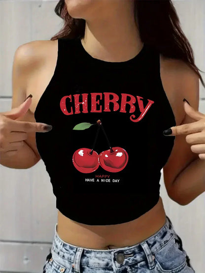 Women’s Vintage Cherry Print Crop Top Vest – Sleeveless Round Neck Sexy Summer Tank Top Tee