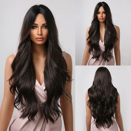 ALAN EATON Black Long Wavy Synthetic Wig – Natural Afro Hair, Middle Part, Heat-Resistant Fiber for Daily Use