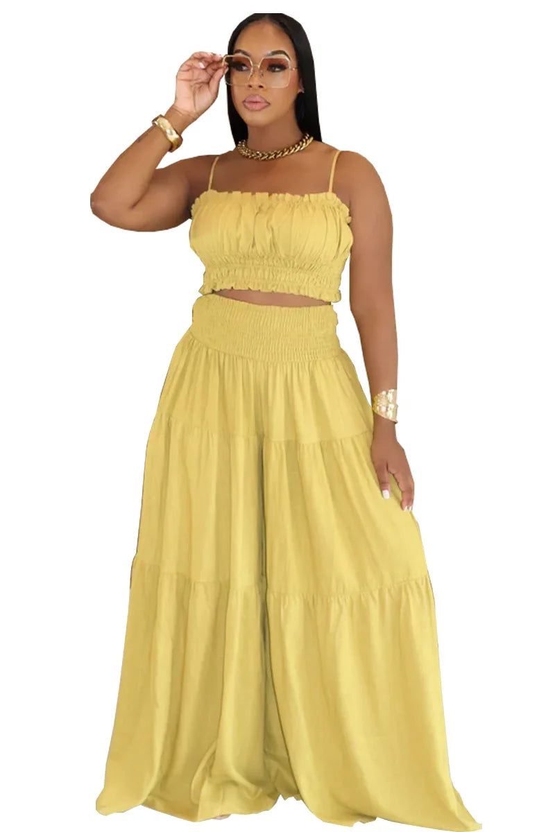 Women’s 2-Piece Summer & Autumn Outfit – Sleeveless Strapless Vest & Wide Leg Pants Casual Set