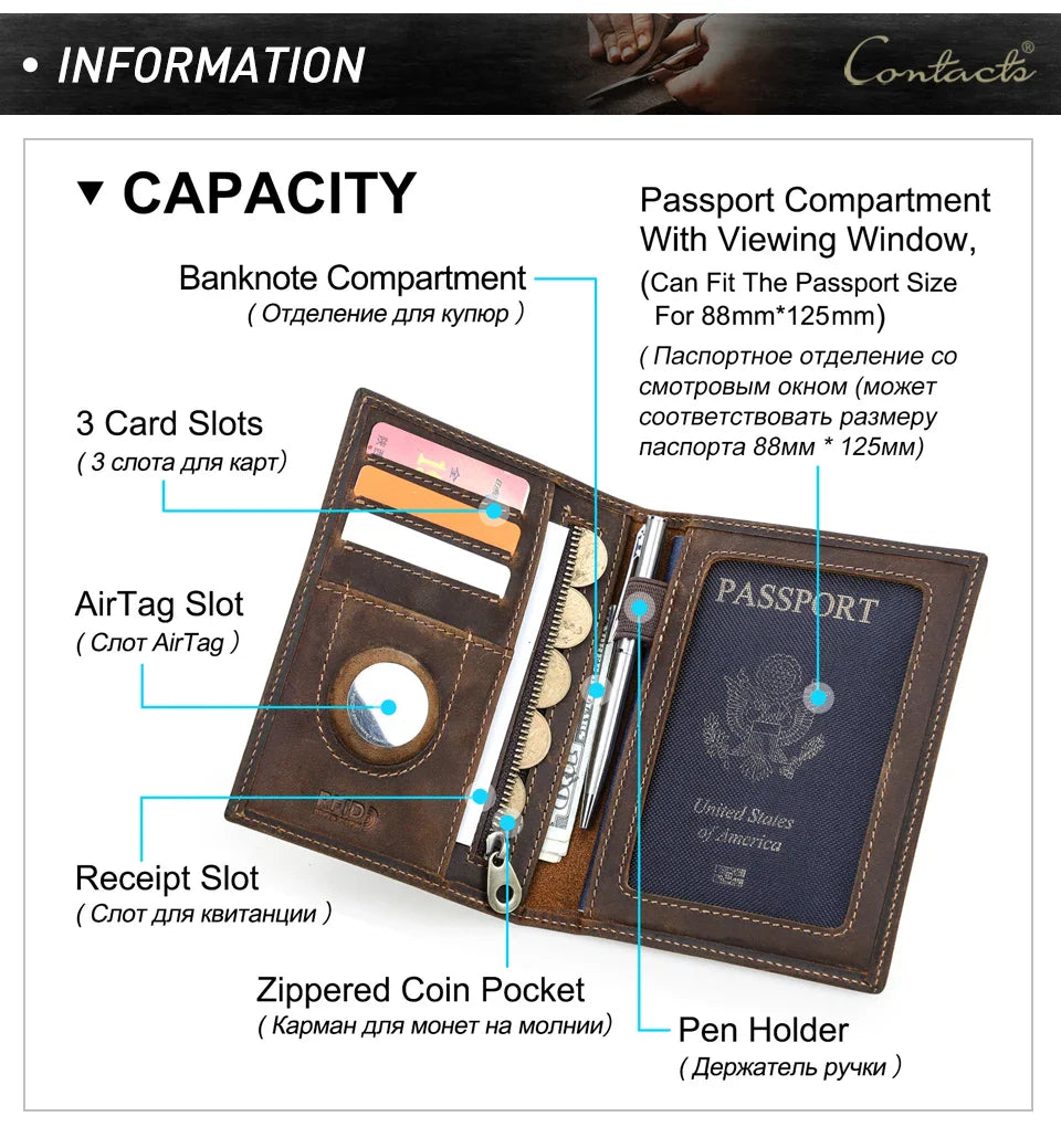 Genuine Cow Leather Passport Holder with AirTag Case – RFID Blocking Travel Wallet with Pen, Card Holder & Anti-Lost Pocket
