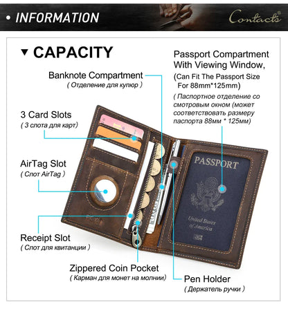 Genuine Cow Leather Passport Holder with AirTag Case – RFID Blocking Travel Wallet with Pen, Card Holder & Anti-Lost Pocket
