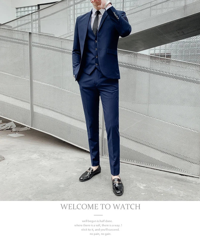 Men’s Business Suit Set — Blazer, Vest & Pants, Slim Fit Solid Color Wedding & Formal Dress Suit, Plus Size