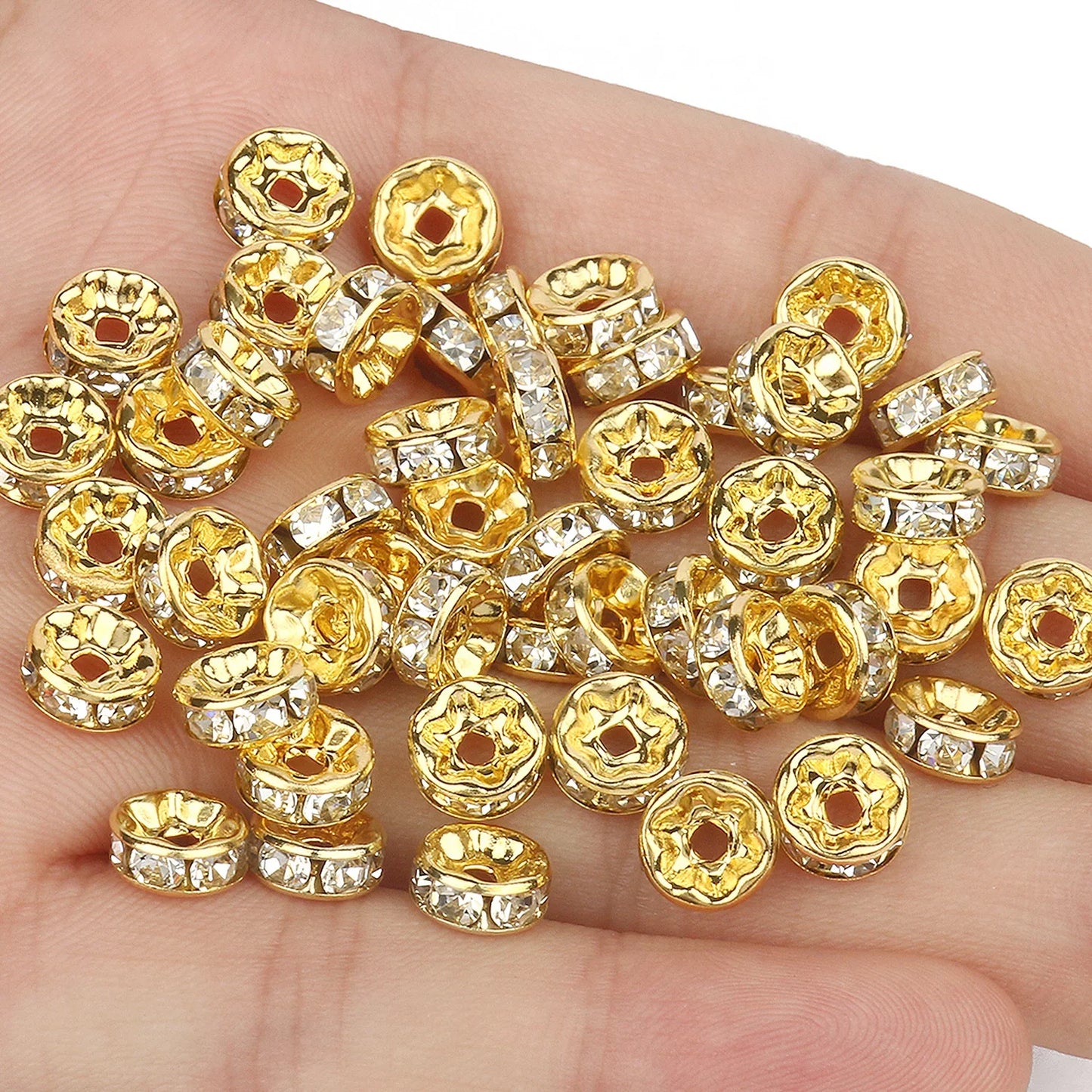 50PCS Rhinestone Spacer Beads Set – Multi-Color Crystal Rondelle Metal Beads for DIY Jewelry & Bracelet Making