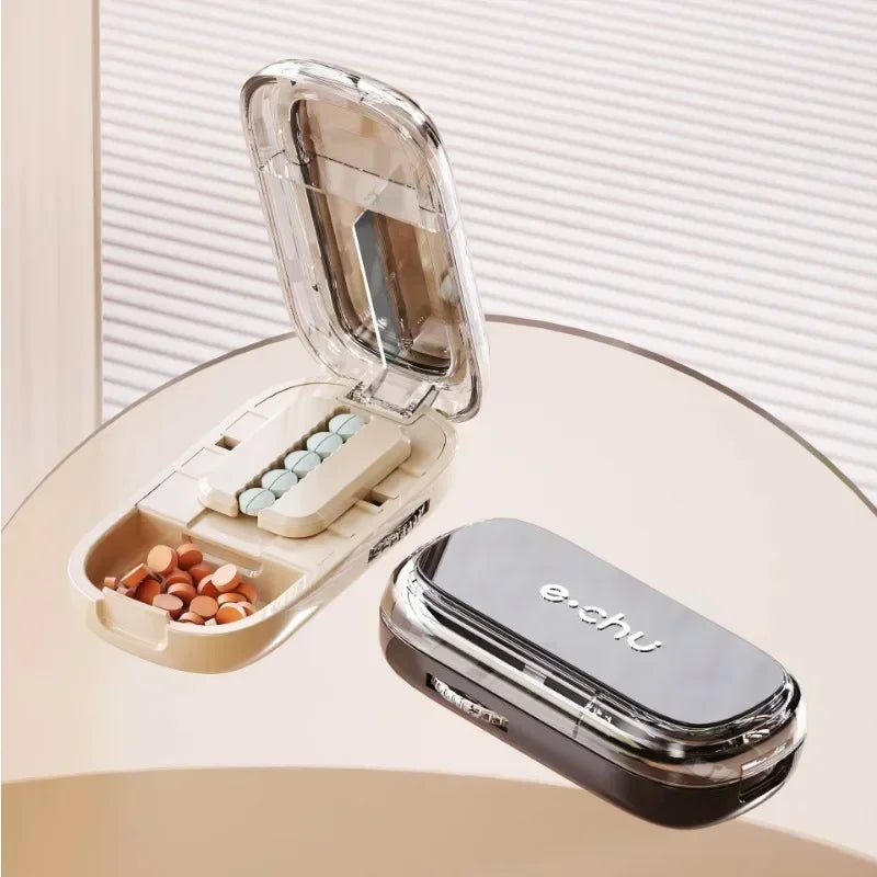 Quartering Pill Cutter & Storage Box – Portable Dustproof Medicine Tablet Crusher with Divider Organizer