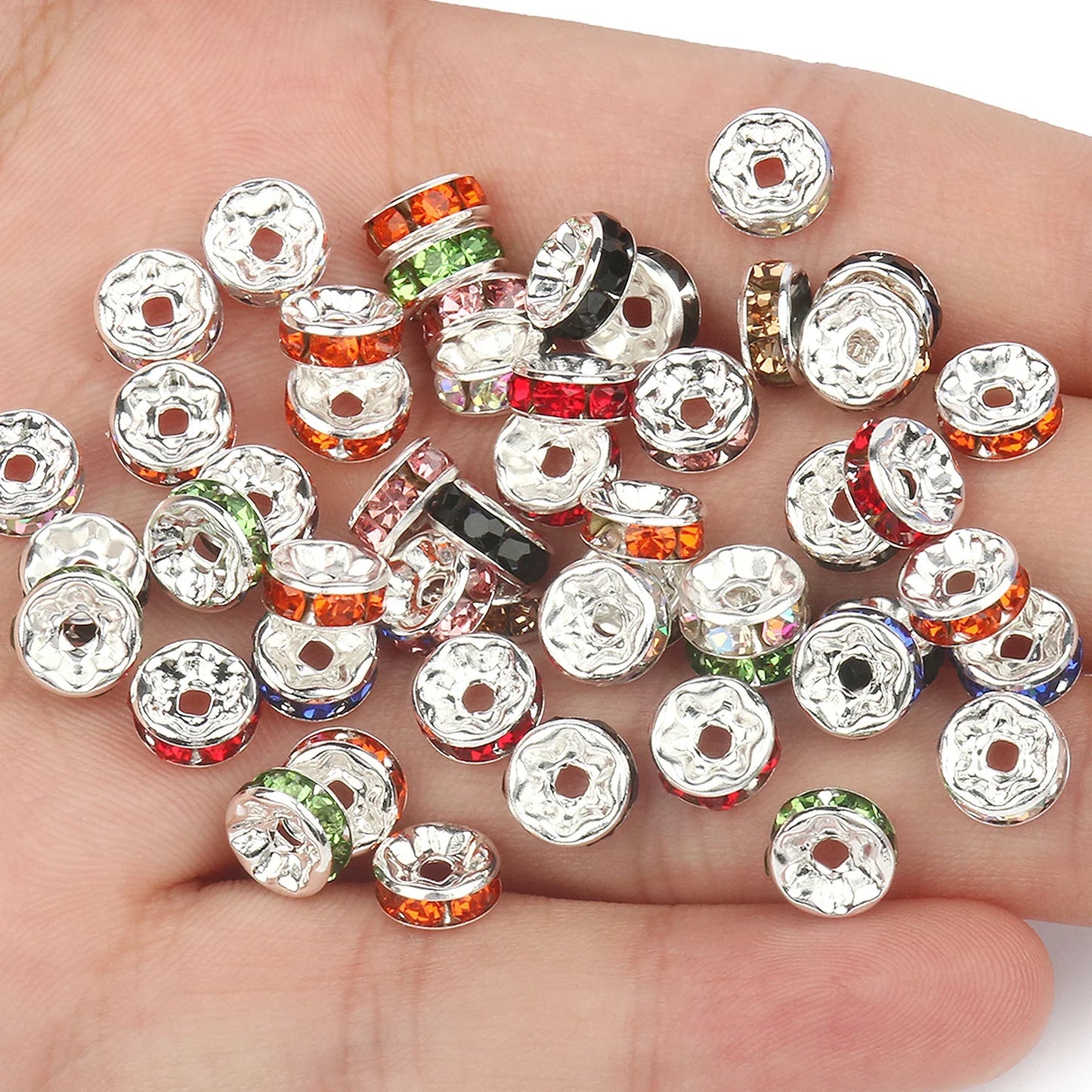 50PCS Rhinestone Spacer Beads Set – Multi-Color Crystal Rondelle Metal Beads for DIY Jewelry & Bracelet Making
