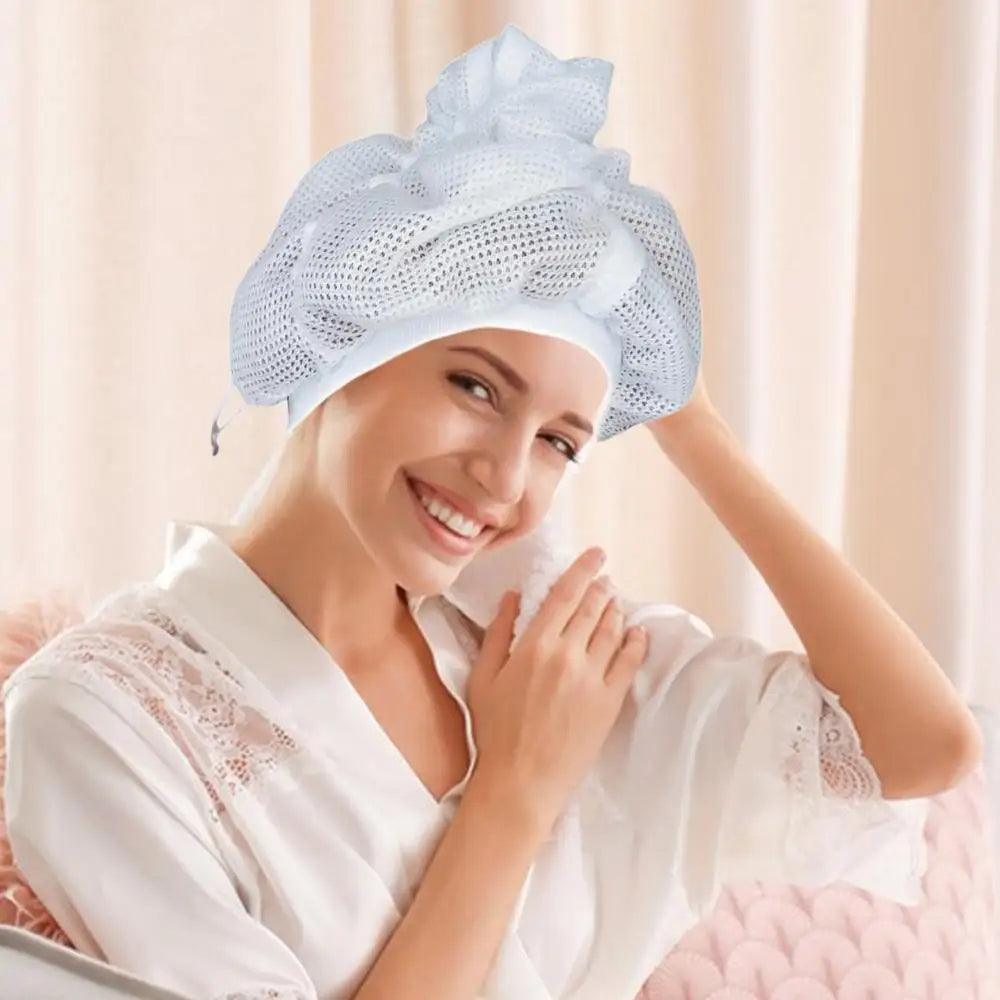 Reusable Mesh Plopping Bonnet — Adjustable Hair Drying Hood with Drawstring