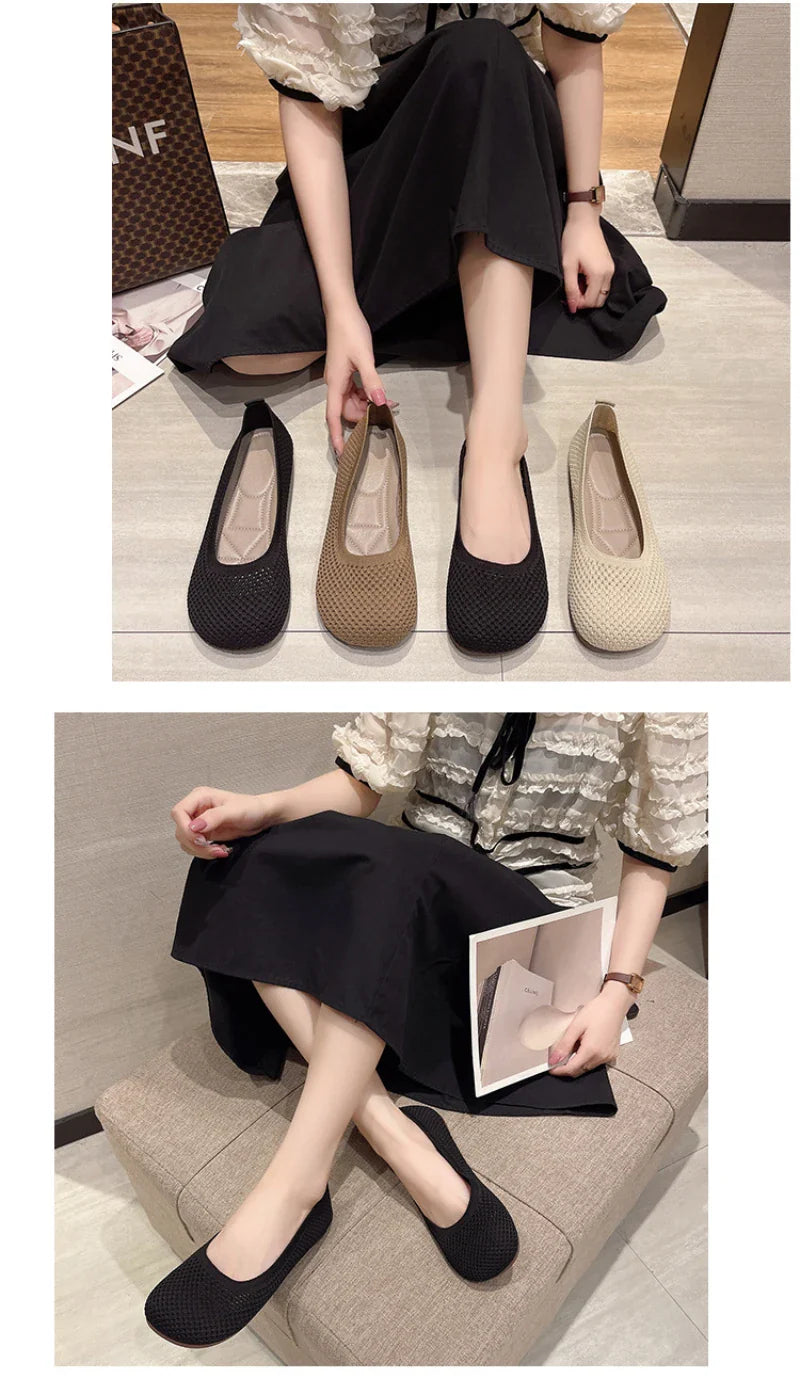 Big Size 42 Women’s Knitted Breathable Flats – Soft Bottom Casual Slip-On Ballet Loafers and Boat Shoes