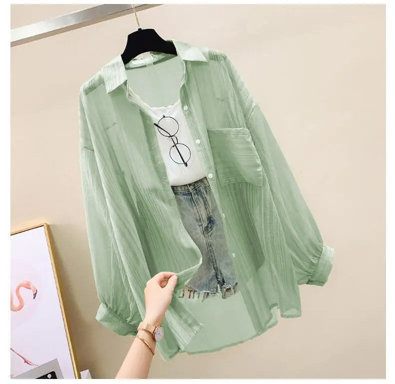 Summer Sunscreen Shirt – Elegant Thin Chiffon Korean Harajuku See-Through Loose Blouse & Casual Women’s Cardigan