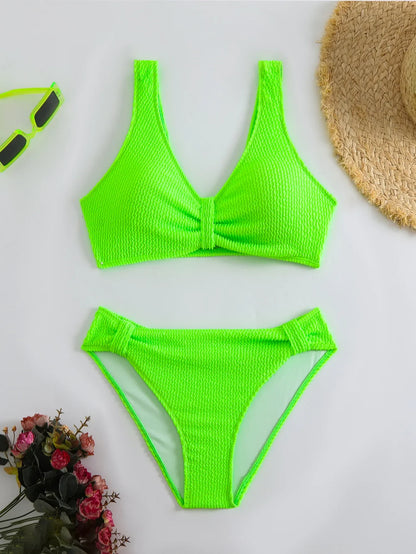 2025 Summer Women's Two-Piece Swimsuit – Solid High Waist V-Neck Backless Bikini Set Beachwear