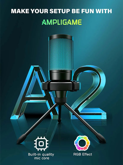 FIFINE AmpliGame A2 RGB USB Gaming Microphone with Mute Touch, Condenser Mic with Tripod for PC PS4 PS5 Laptop Streaming