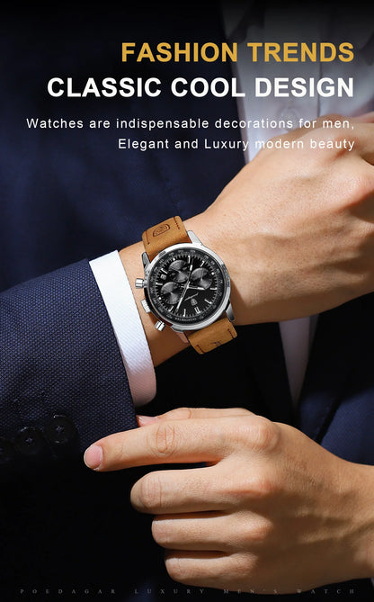 POEDAGAR Men's Luxury Sports Watch – Genuine Leather, Chronograph, Waterproof, Luminous Quartz Wristwatch