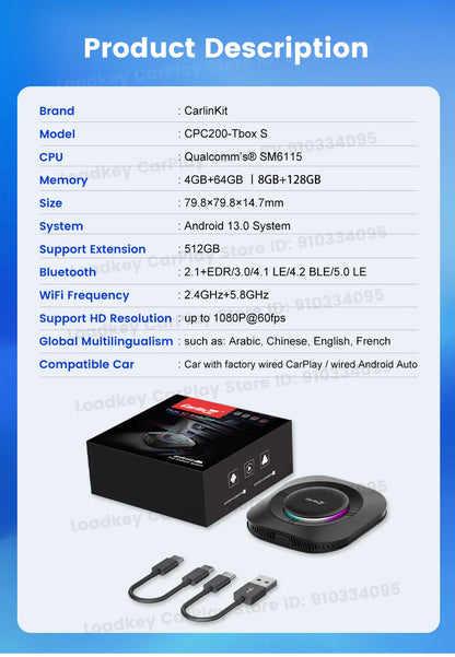 2025 Carlinkit AI Box LED – Android 13 Wireless CarPlay Adapter with Qualcomm 6115, 8-Core 64GB Smart TV Box for Netflix & IPTV
