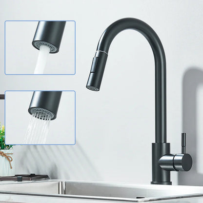 Black Pull-Out Kitchen Faucet - Deck Mounted, Flexible Hot & Cold Water Sink Mixer Tap with Stream & Shower Modes Nozzle