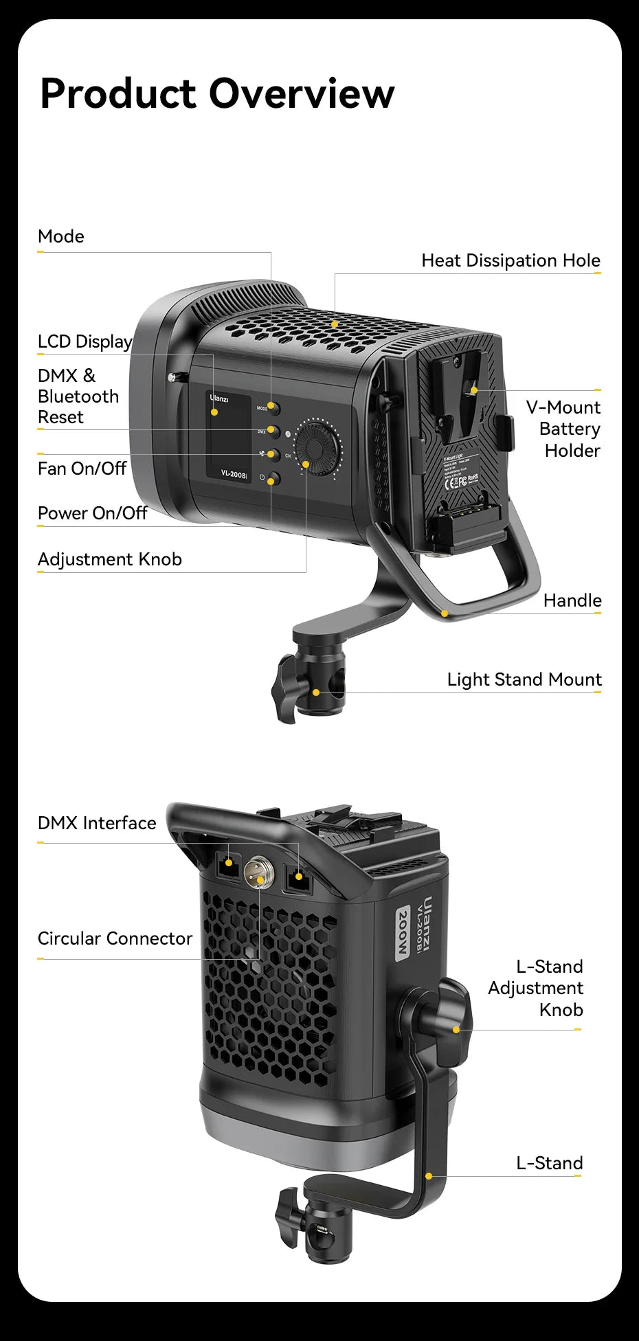 Ulanzi VL-120Bi VL-120C 120W V-Mount COB Light – Wireless APP Control, 2700K-6500K Video Light for Skit Video Photography