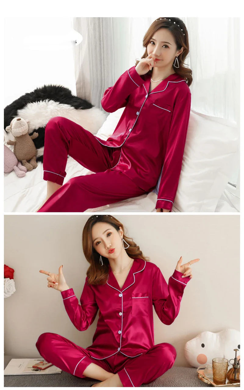 2024 Women's Silk Pajama Set – Sexy Long-Sleeve Cardigan Sleepwear, Ice Silk Pijamas for Home Comfort
