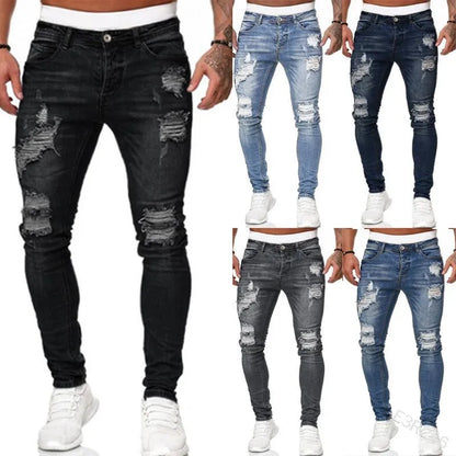 Men’s Ripped Skinny Jeans - Vintage Wash Slim Fit Denim Pants with Street Style Casual Look