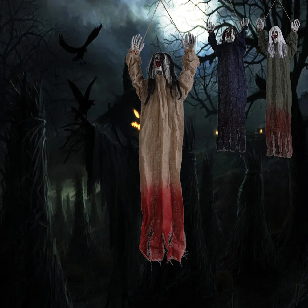 Halloween Hanging Ghost Decoration — Movable Skeleton Horror Prop with Long Hair for Haunted House and Bar 2025