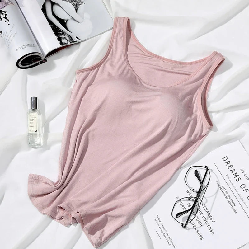 Women’s Built-In Bra Tank Top - Solid Color Padded Slim Fit Vest Shirt for Casual, Sexy & Everyday Wear