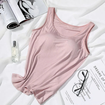 Women’s Built-In Bra Tank Top - Solid Color Padded Slim Fit Vest Shirt for Casual, Sexy & Everyday Wear
