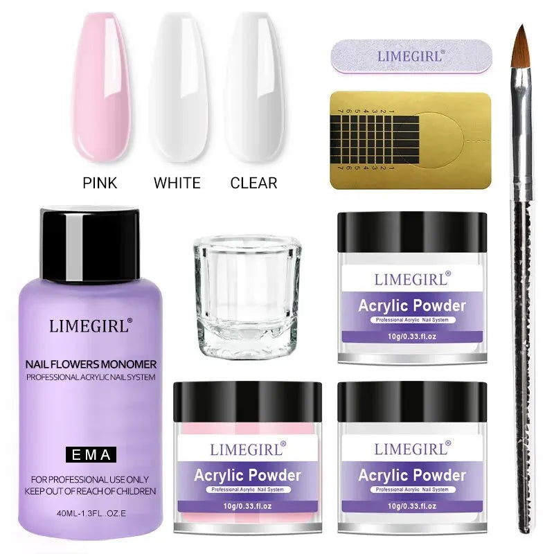 Acrylic Powder and Liquid Monomer Nail Art Kit – Crystal Glitter, 3D Tips, Carving Tools for Manicure Decoration