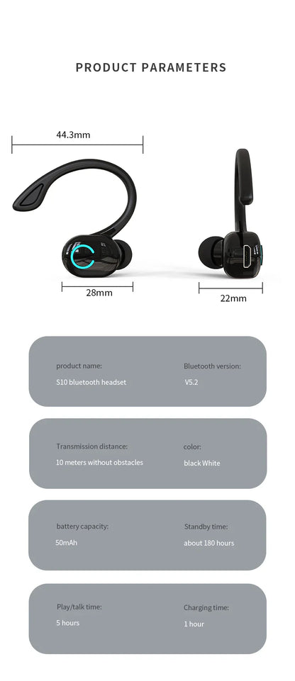 Wireless Bluetooth Earphones – HiFi Bass Ear-Hook Earbuds with HD Mic, Noise Cancelling, Waterproof Sports Gaming Headset