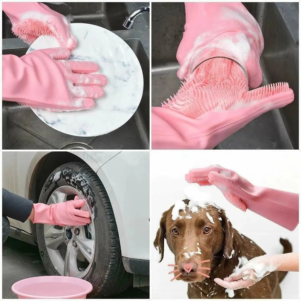Magic Silicone Rubber Dishwashing Gloves - Household Kitchen Cleaning Tools with Built-in Sponge Scrubber - Durable and Versatile Cleaning Gloves