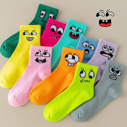 5/10 Pack Women’s Cartoon Mid-Tube Socks – Trendy Solid Color Sports & Leisure Socks for Spring and Summer