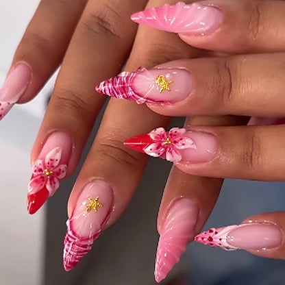 24PCS Strawberry Bow Press On Nails - Red Short Almond Pearl Starlight Floral False Nail Art Tips