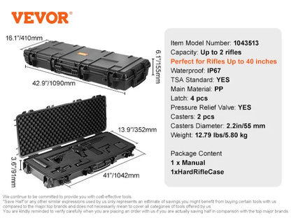 VEVOR Rifle Hard Case — Portable Long Gun Storage Suitcase with 2 Casters, Shockproof & Waterproof Protective Case for Airsoft Rifles